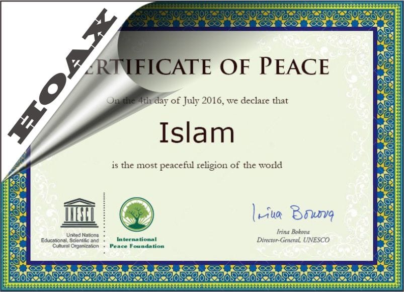 Islam dapat Certificate of Peace dari Unesco Ternyata HOAX 41 Islam dapat Certificate of Peace dari Unesco Ternyata HOAX