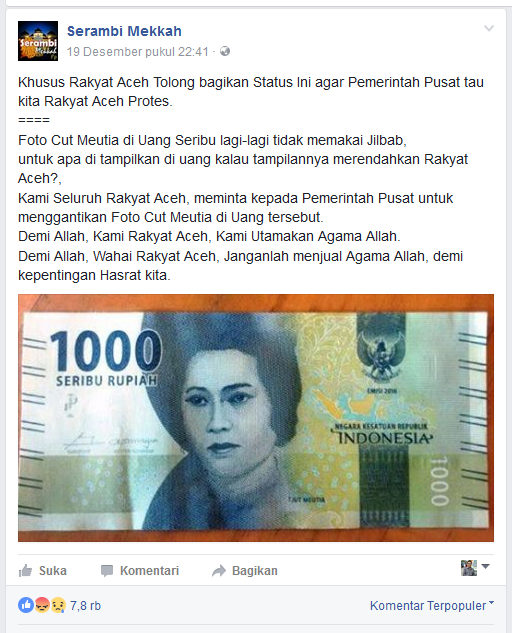 Warga Aceh Protes Gambar Cut Meutia tak Berjilbab di Uang Rp 1000