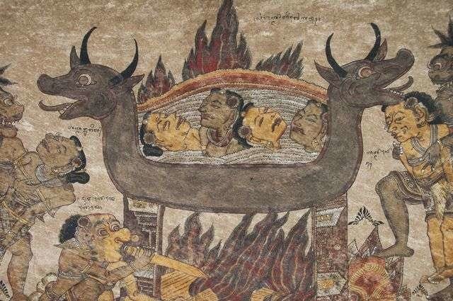 Sebuah lukisan langit-langit di pura Bali; menggambarkan manusia sedang dimasak oleh sosok-sosok mahluk jahat [ KRZYSZTOF DYDYNSKI/GETTY IMAGES ]